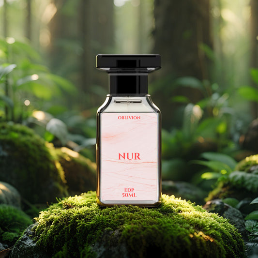 Nur perfume bottle in lush forest – Burberry Body inspired fragrance Pakistan